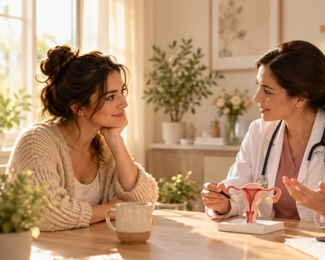 Illustrative, AI-generated image of a doctor discussing reproductive health with a patient