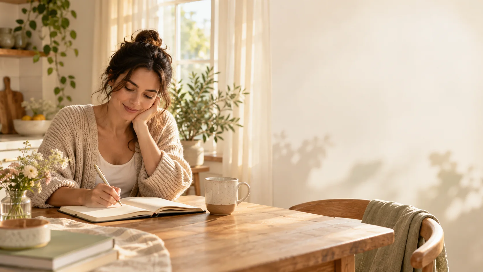 A person making notes in a journal at a bright, comfortable kitchen table